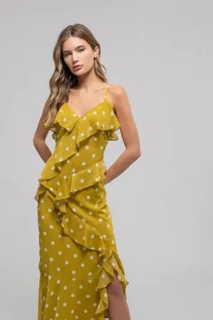 POLKA DOT RUFFLE WRAP SLEEVELESS MIDI DRESS
