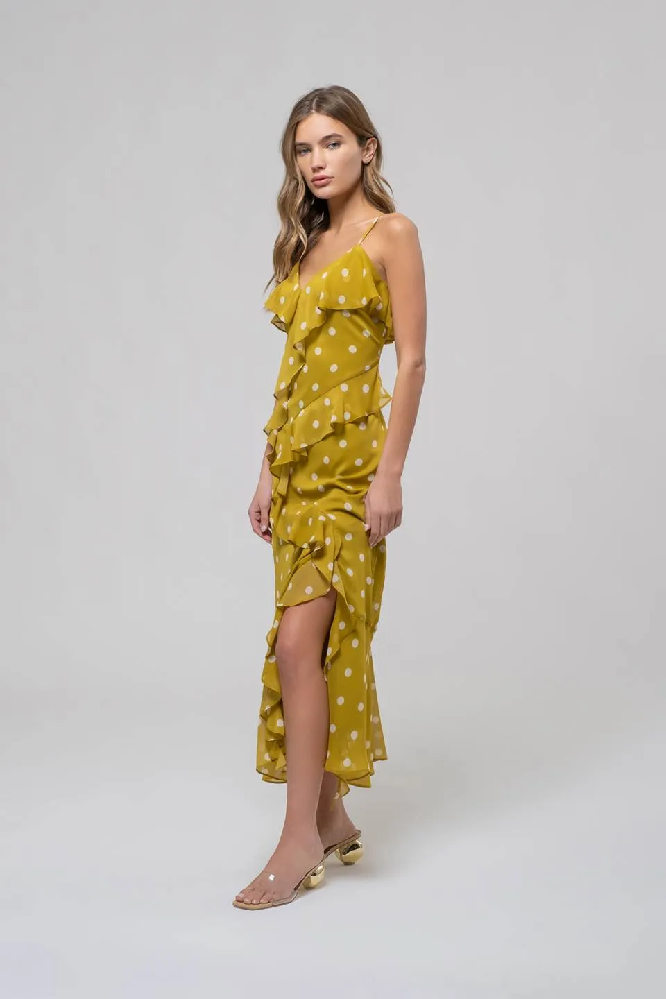 POLKA DOT RUFFLE WRAP SLEEVELESS MIDI DRESS