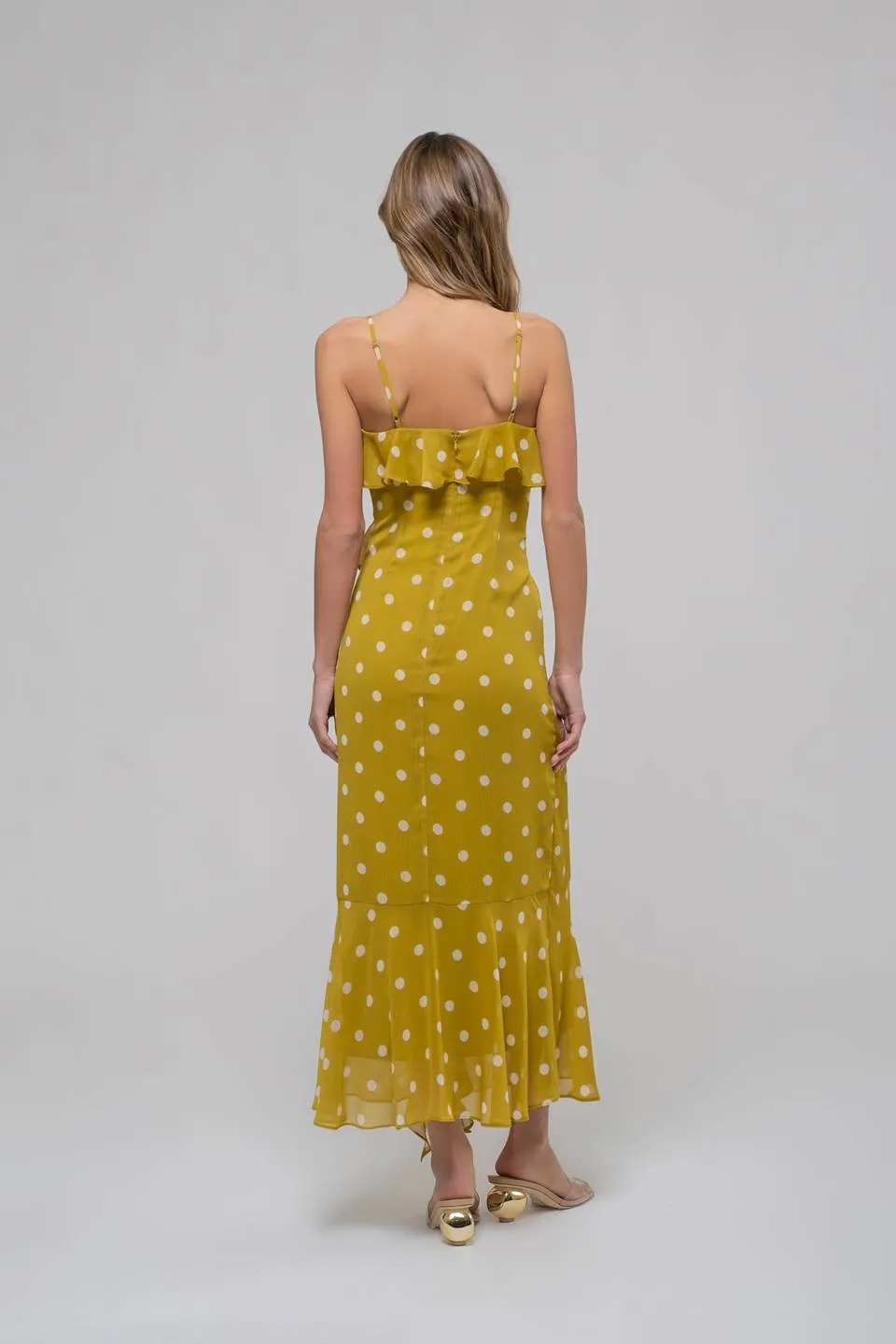 POLKA DOT RUFFLE WRAP SLEEVELESS MIDI DRESS