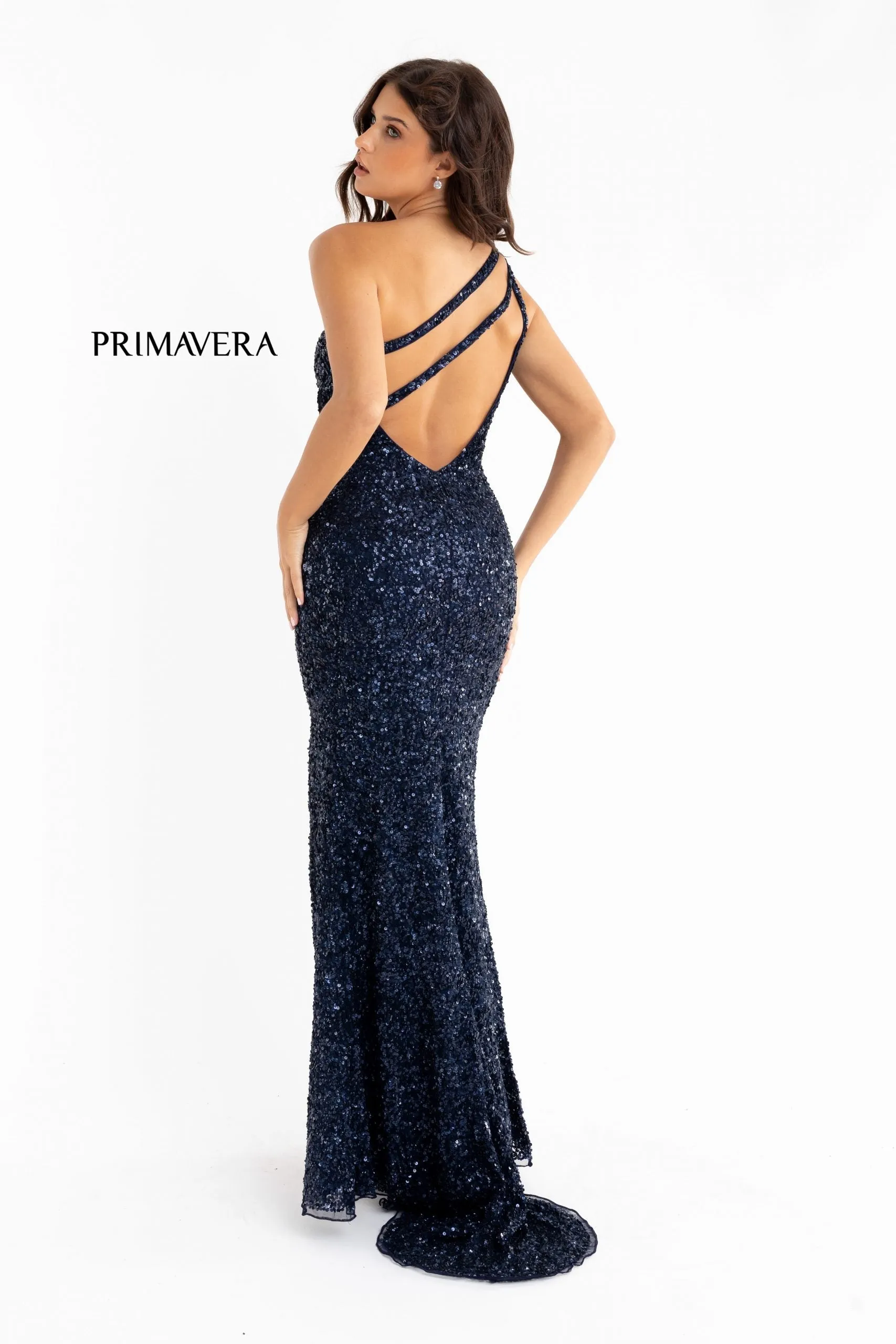 Primavera Couture 3761 Size 0 Pink One Shoulder Prom Dress Pink Sequin Double Strap Back Slit Train