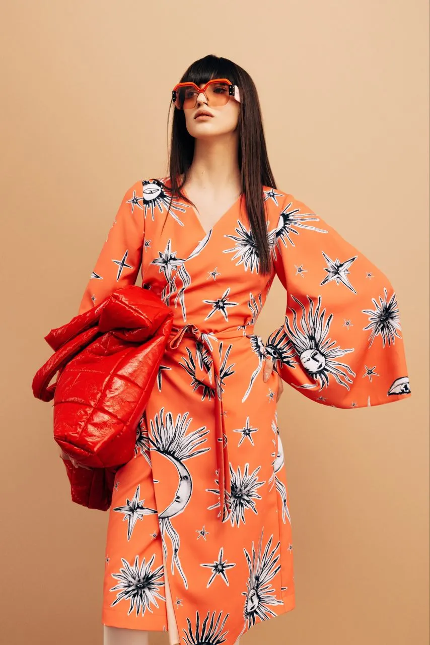 Printed Asymmetric Midi Wrap Dress Coral