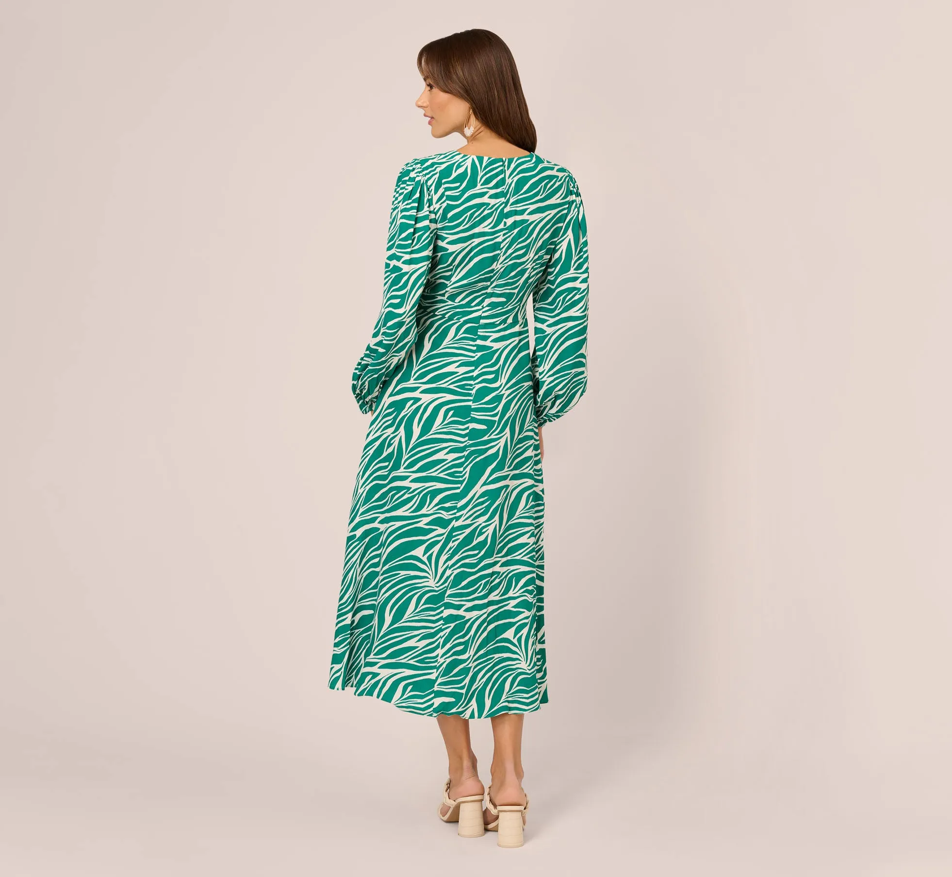 Printed Faux Wrap Dress With Bishop Long Sleeves In Green Ivory