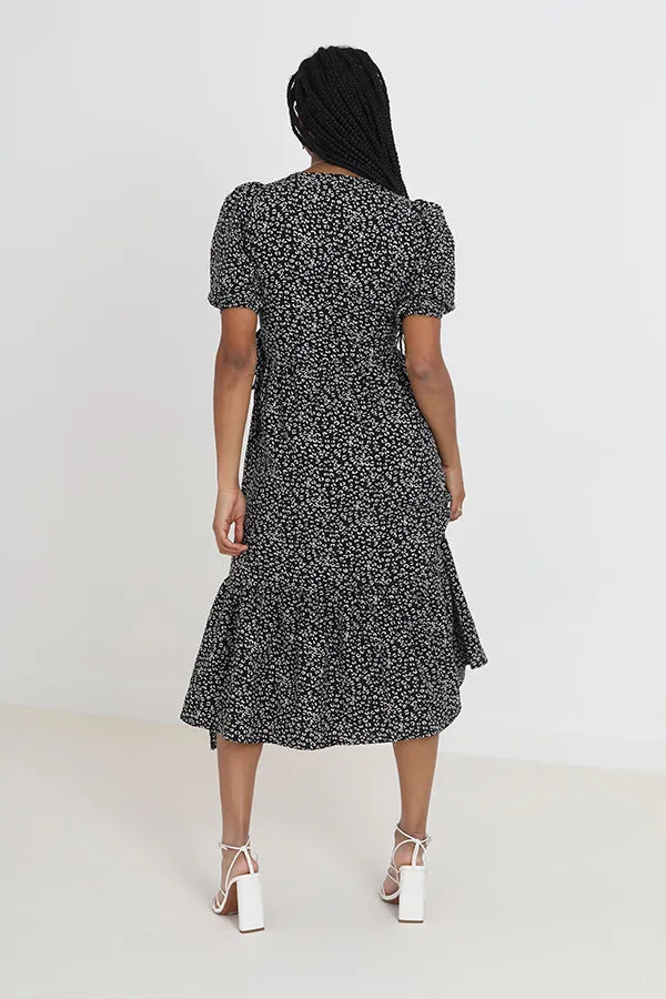 PRINTED V NECK WRAP STYLE TIERED MIDI DRESS