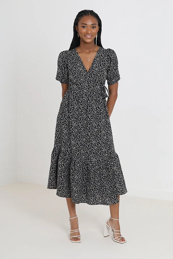 PRINTED V NECK WRAP STYLE TIERED MIDI DRESS