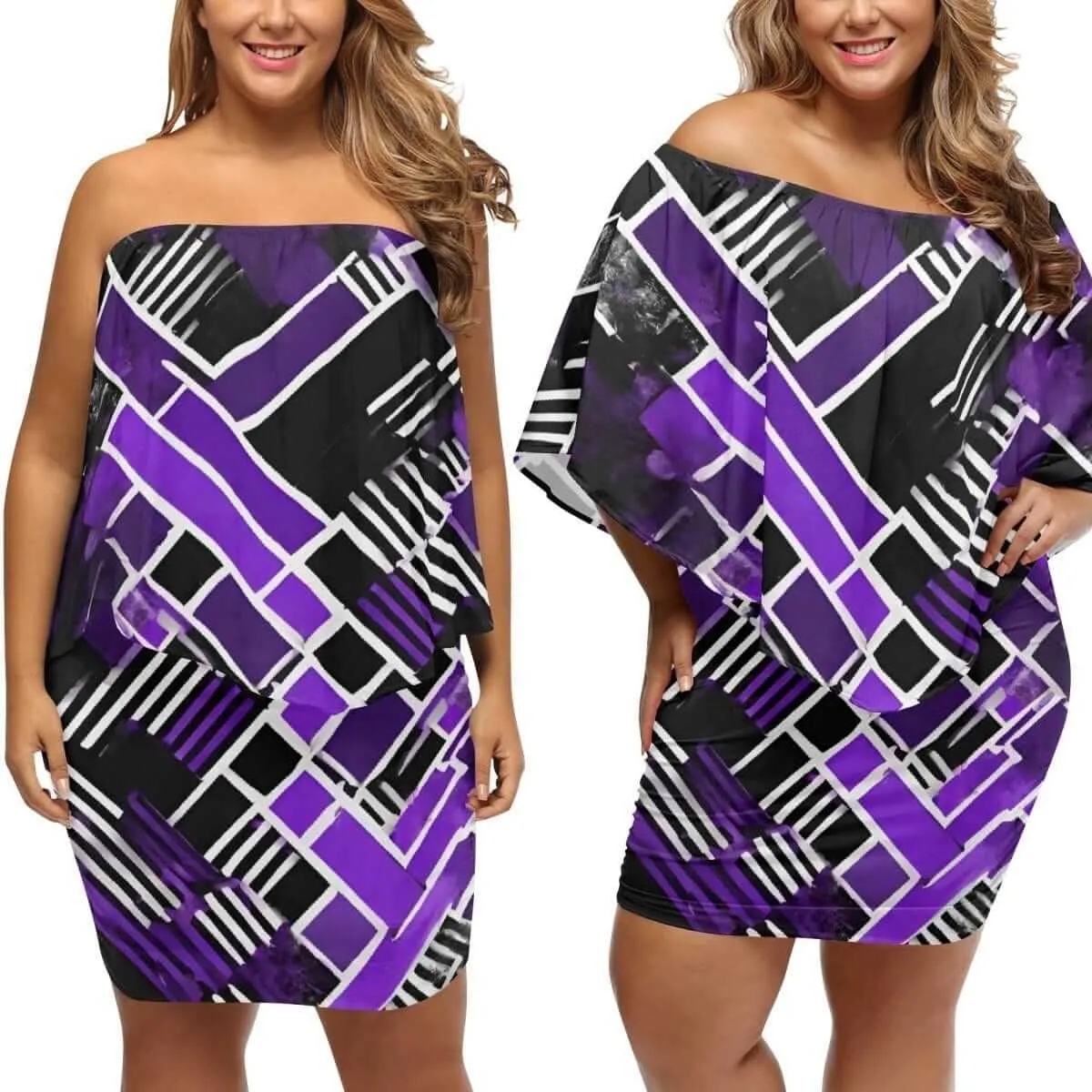 Purple & Black Off-The-Shoulder Wrap Dress