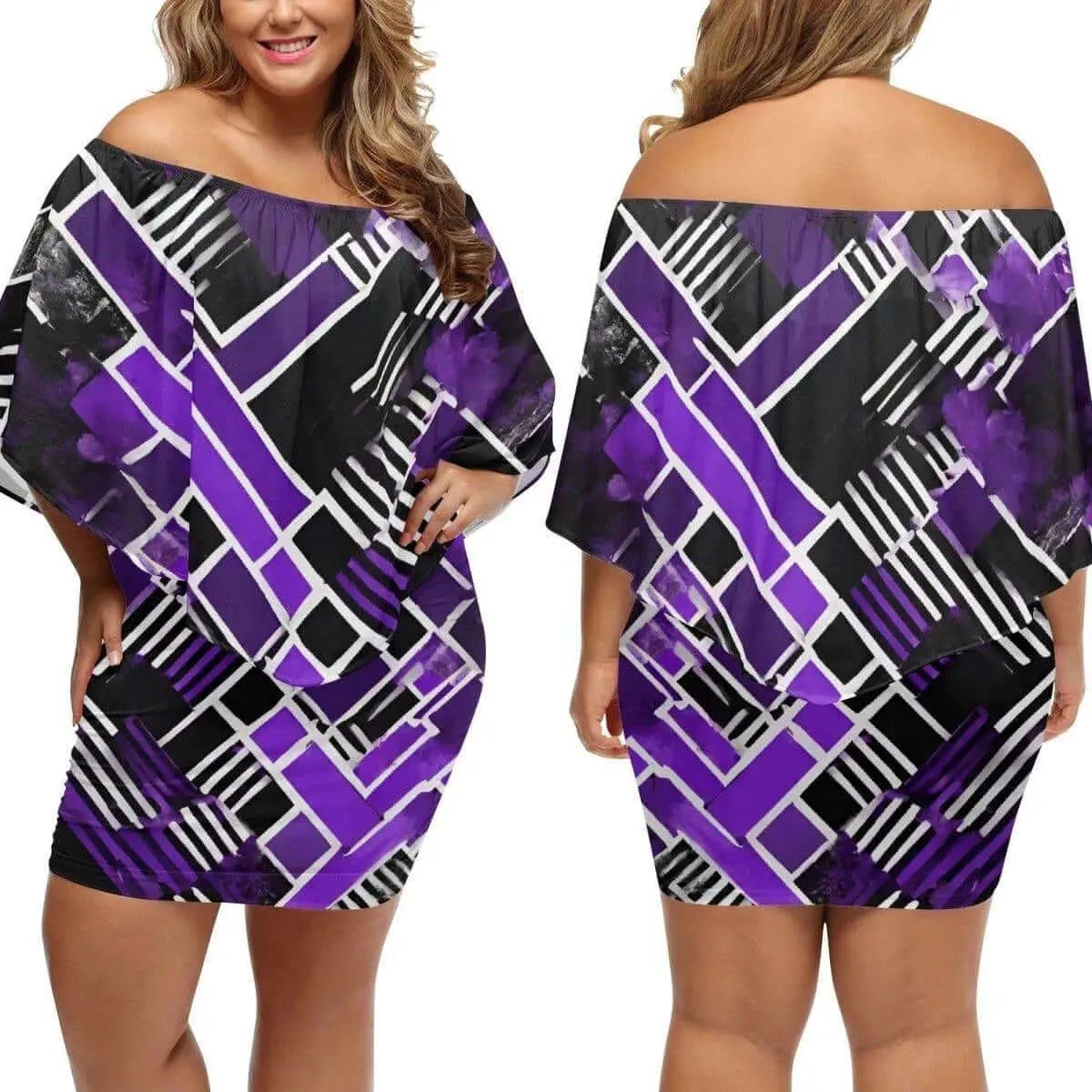 Purple & Black Off-The-Shoulder Wrap Dress