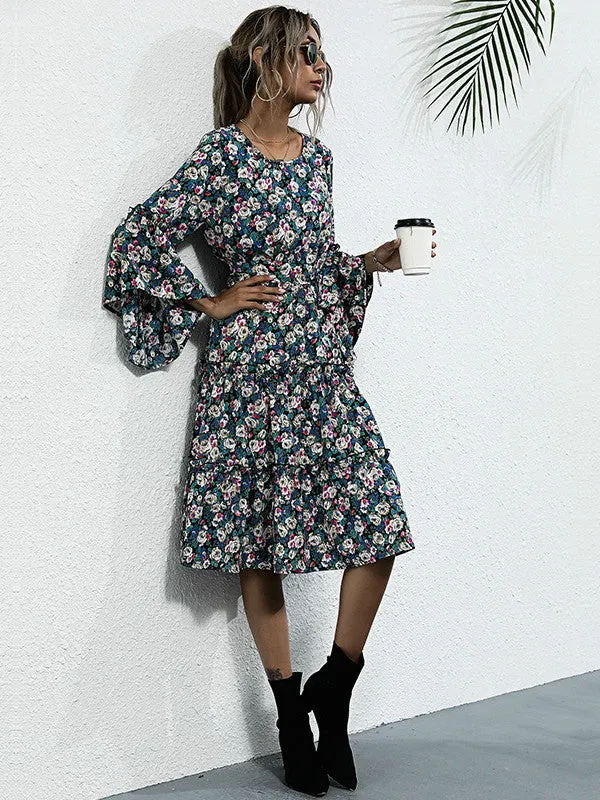Purple Floral Print Tiered Dress