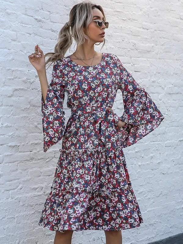 Purple Floral Print Tiered Dress
