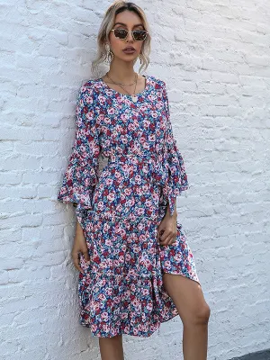 Purple Floral Print Tiered Dress