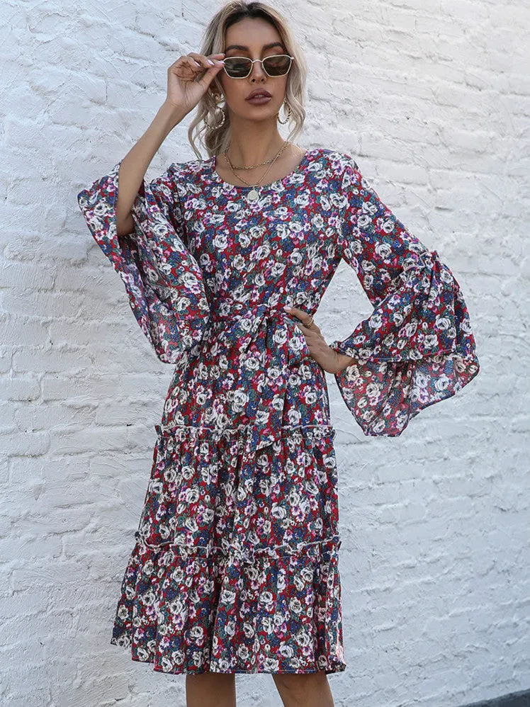 Purple Floral Print Tiered Dress