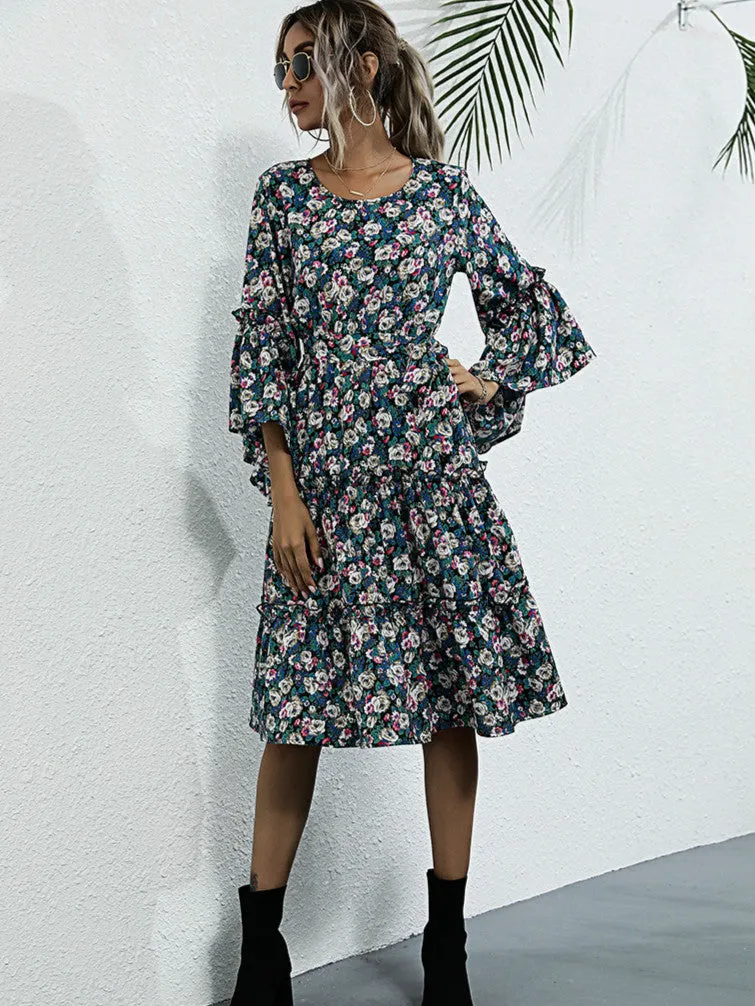 Purple Floral Print Tiered Dress
