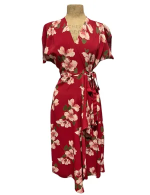 Red & Pink Magnolia Print Cascade Wrap Dress - Size Small