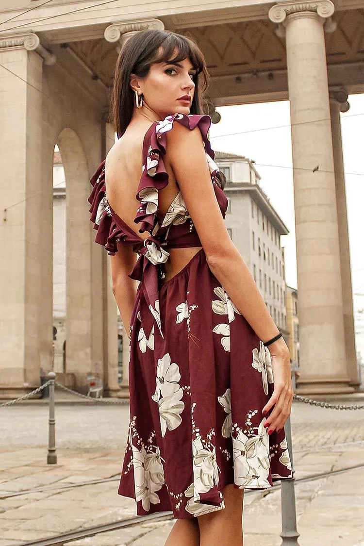 Red and White Floral Ruffle Mini Dress