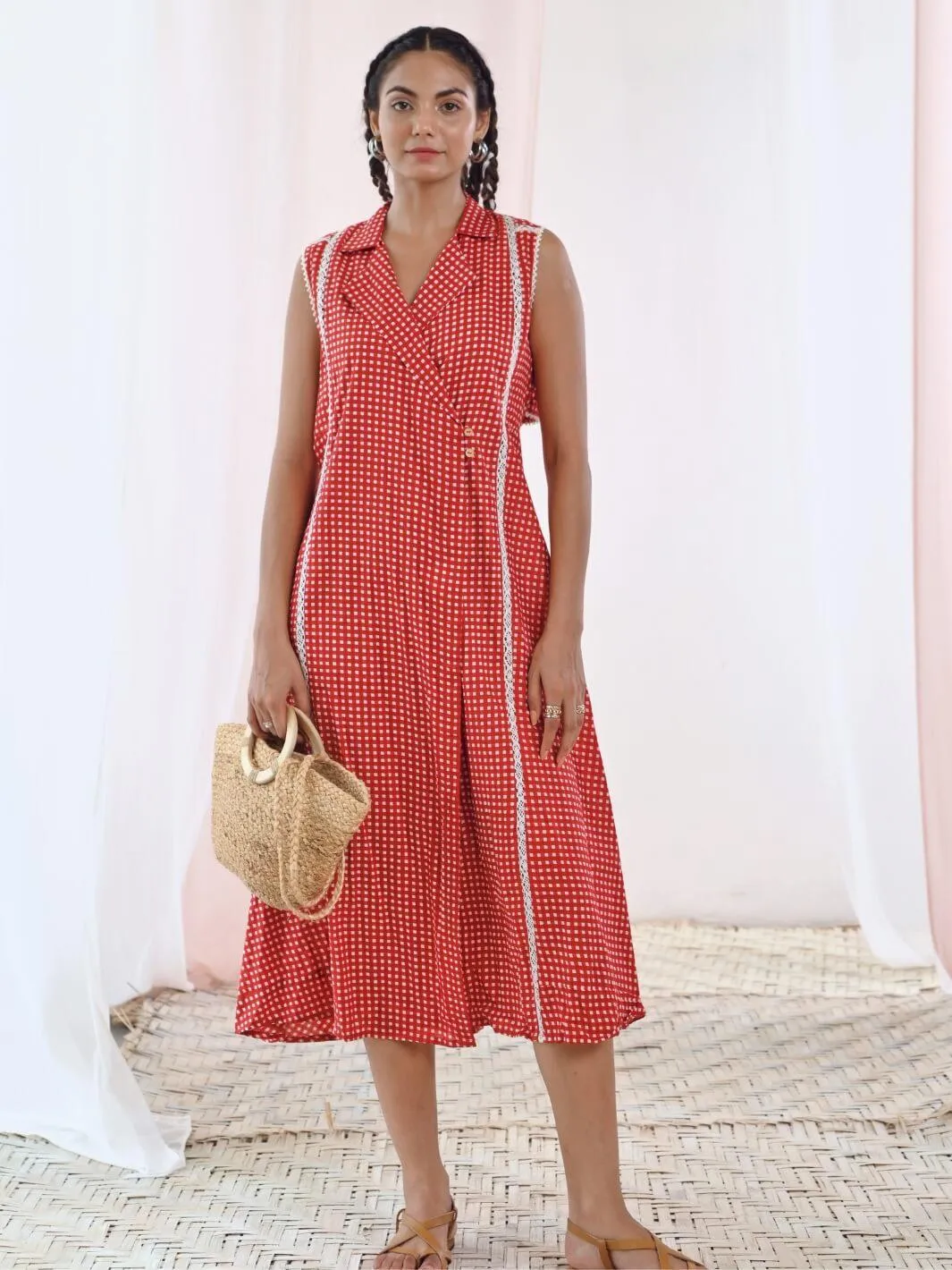 Red Printed Cotton Sleeveless Wrap Dress