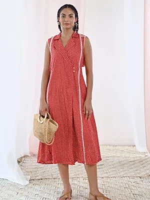 Red Printed Cotton Sleeveless Wrap Dress