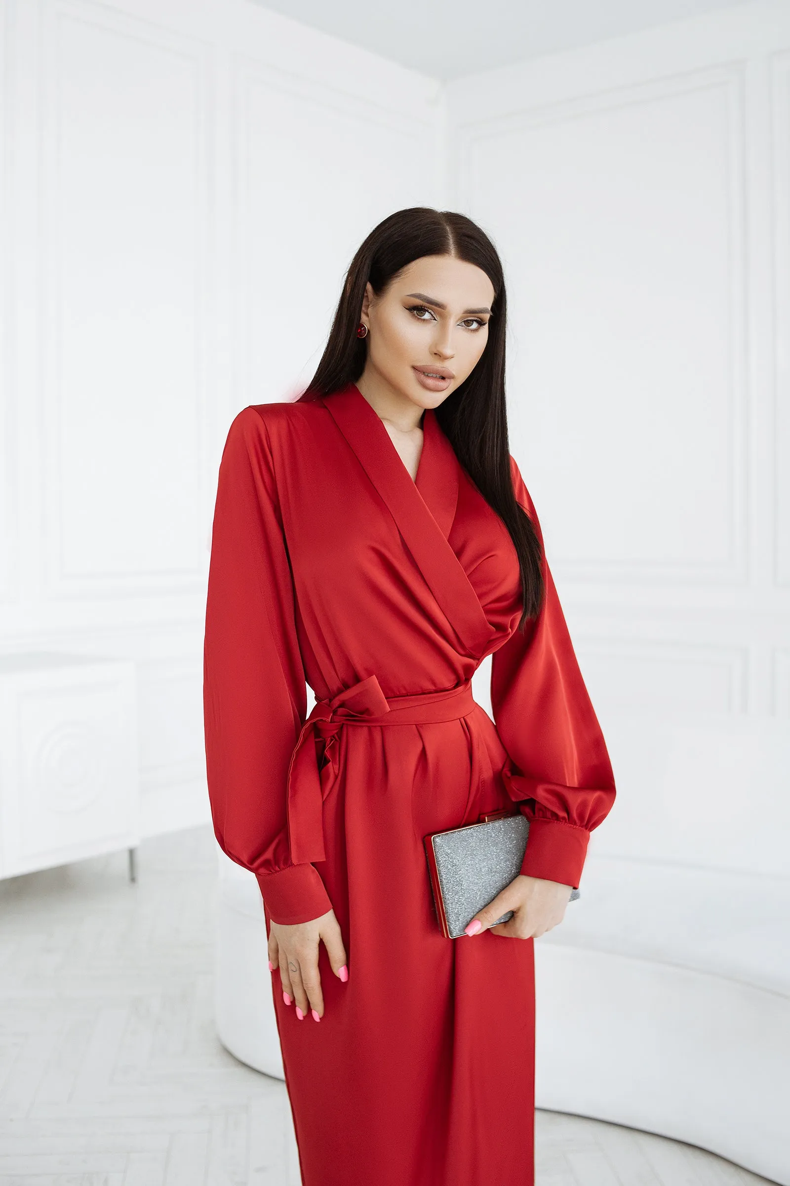 Red Puff Sleeve Wrap Dress