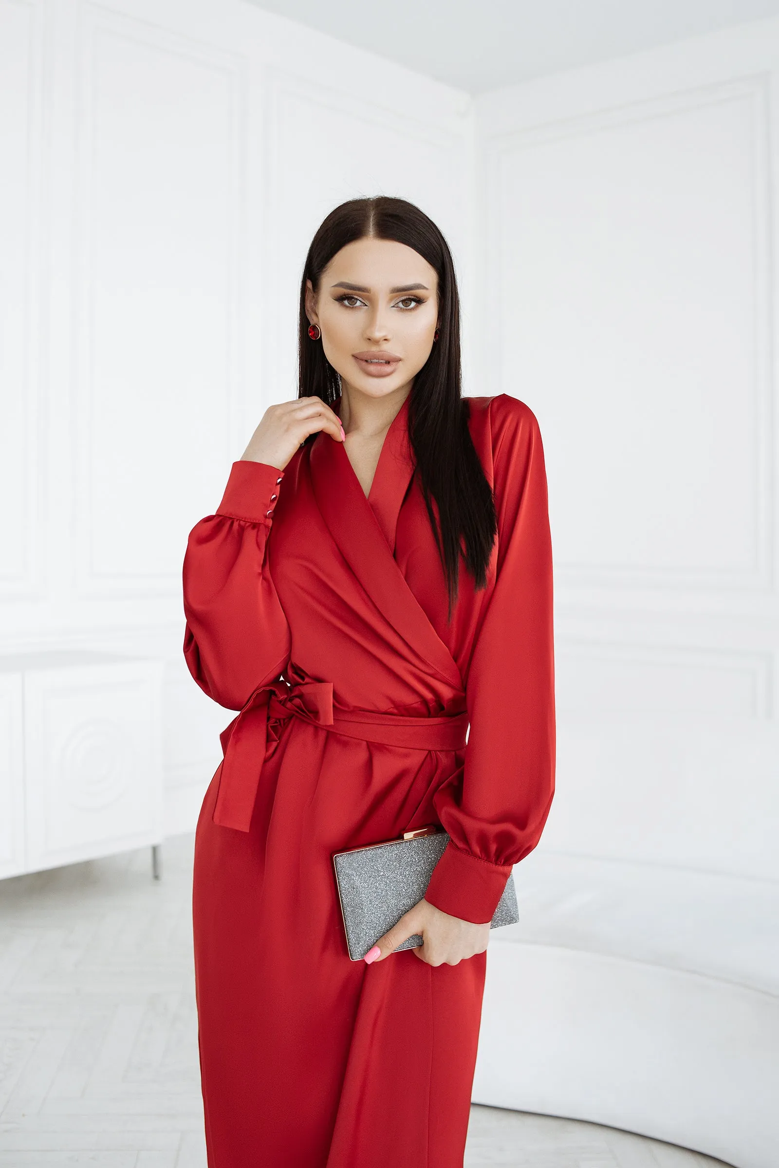 Red Puff Sleeve Wrap Dress