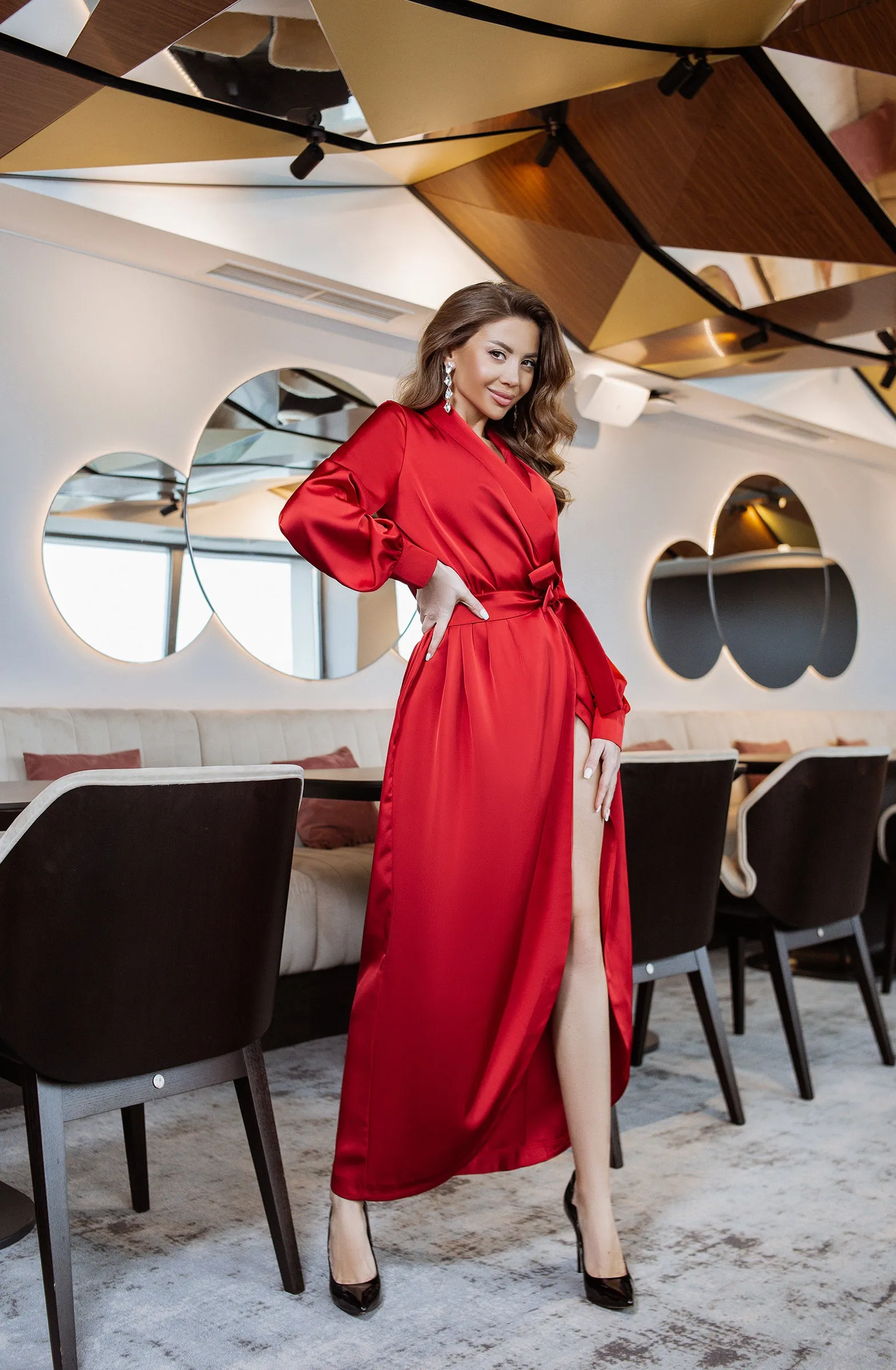 Red Puff Sleeve Wrap Dress