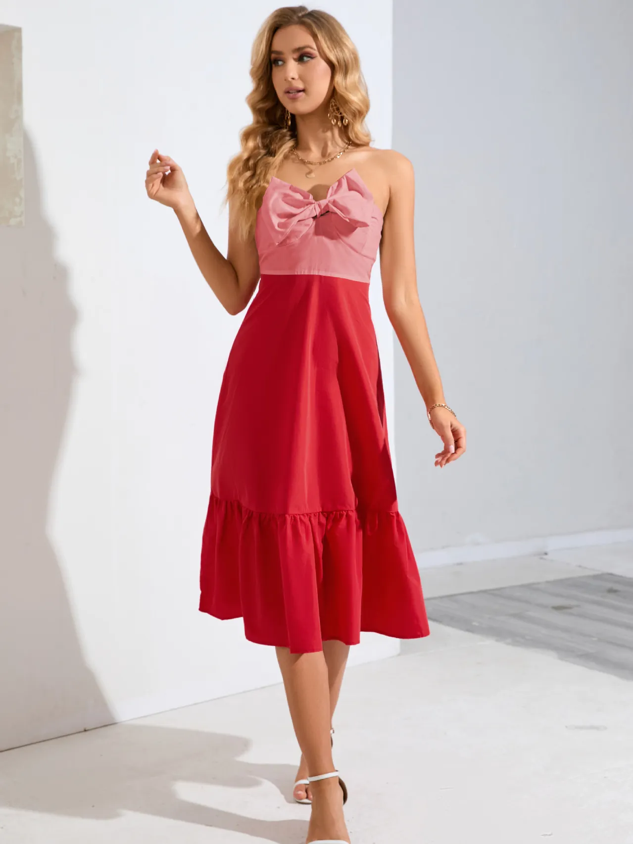 Red Skirt Ruffled Hem Sweetheart Wrap Dress