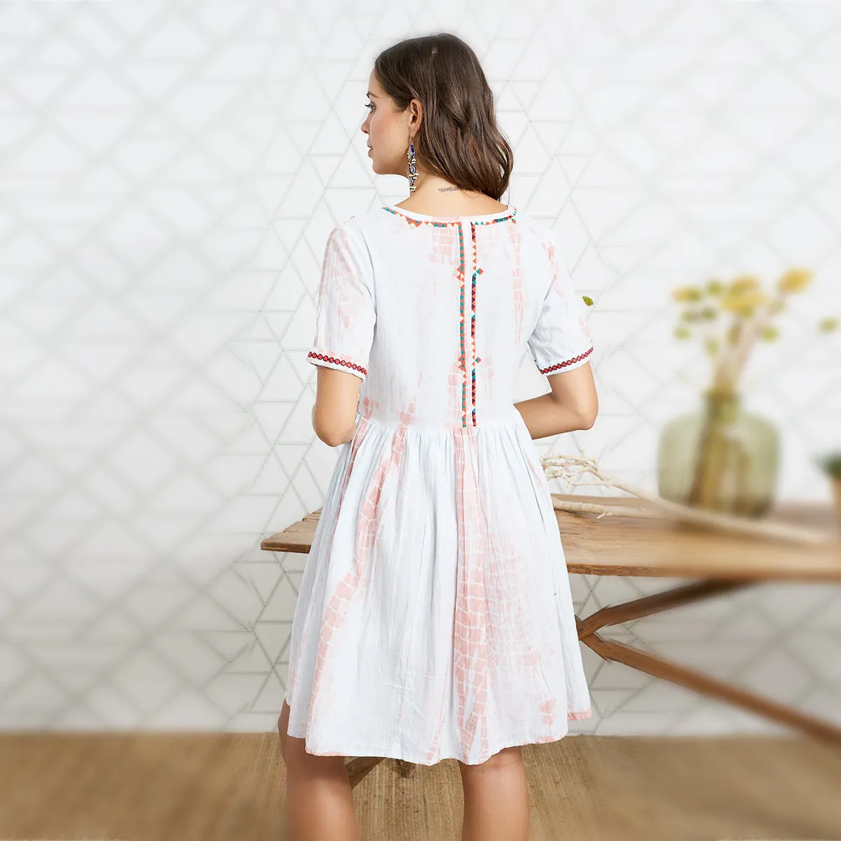 Red Tie Dye Boho Embroidered Short Dress