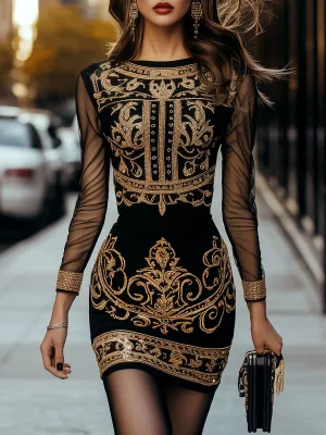 Retro Baroque Print Sheer Sleeves Bodycon Dress