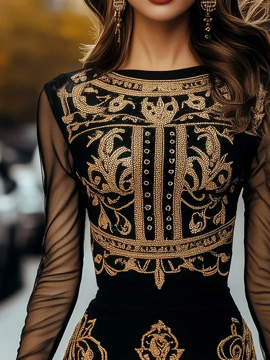 Retro Baroque Print Sheer Sleeves Bodycon Dress