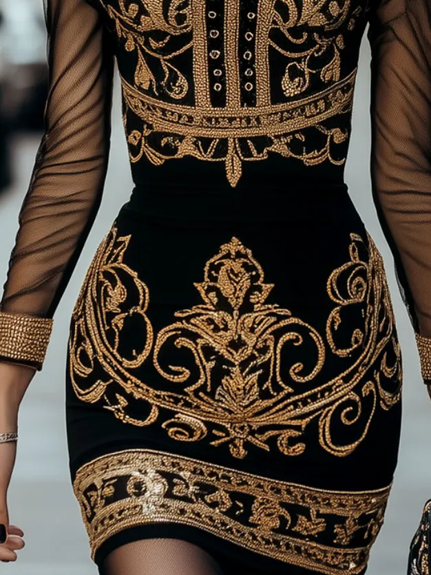 Retro Baroque Print Sheer Sleeves Bodycon Dress