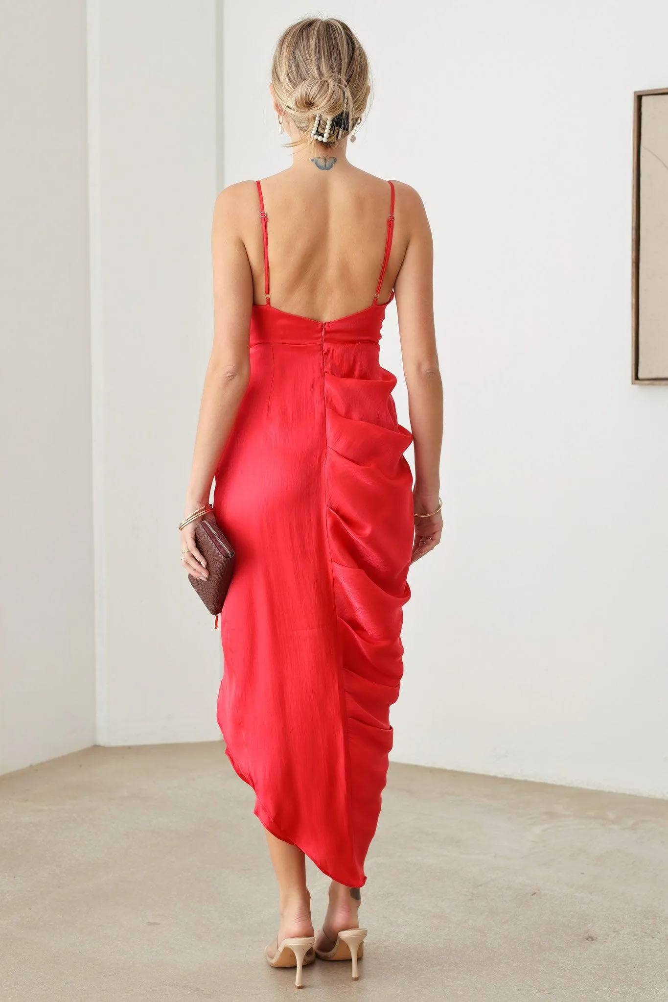 Romantic Asymmetric Drape Warp Slit Midi Dress