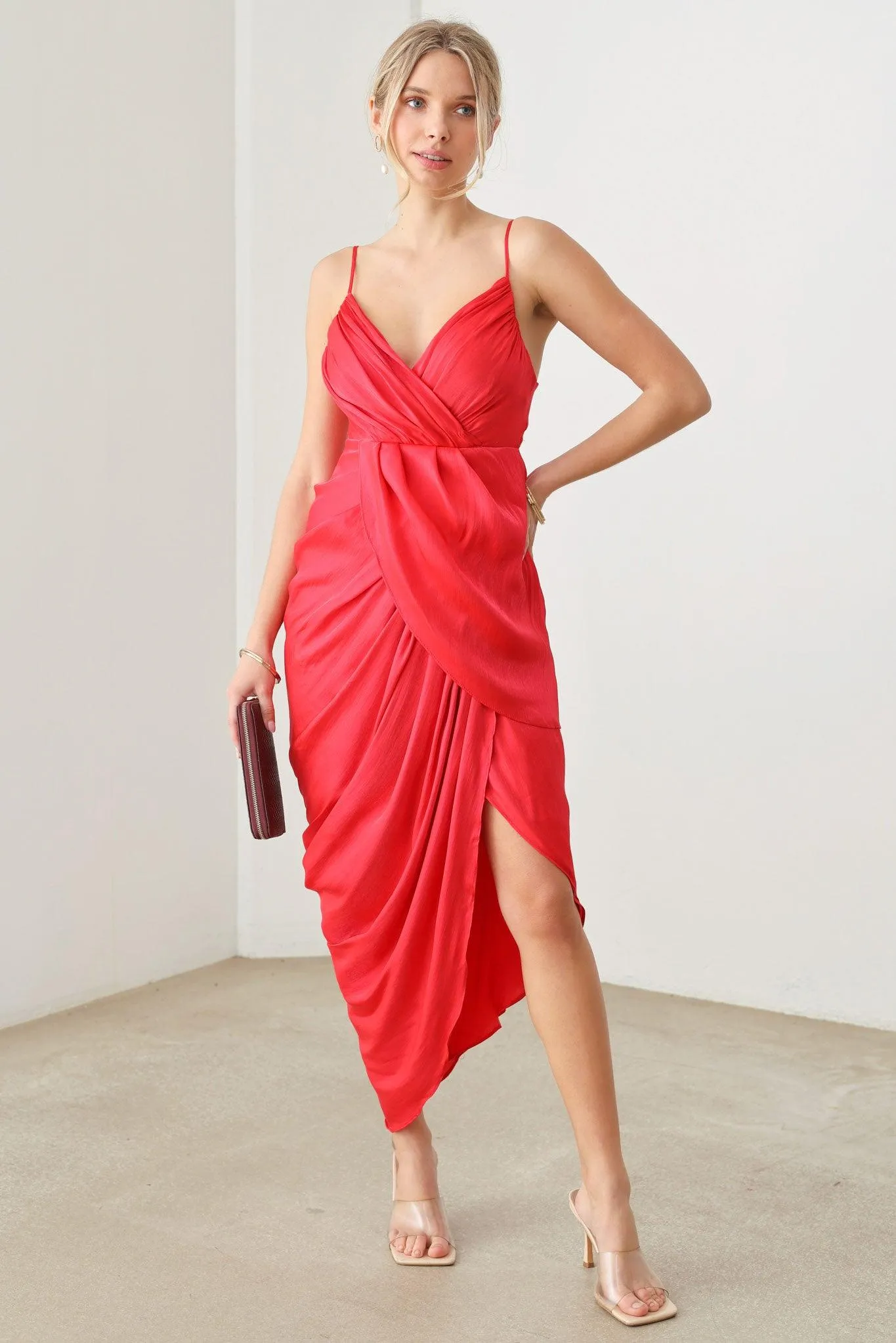 Romantic Asymmetric Drape Warp Slit Midi Dress