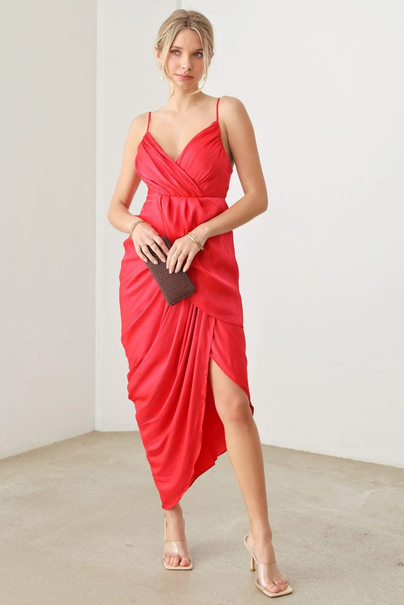 Romantic Asymmetric Drape Warp Slit Midi Dress