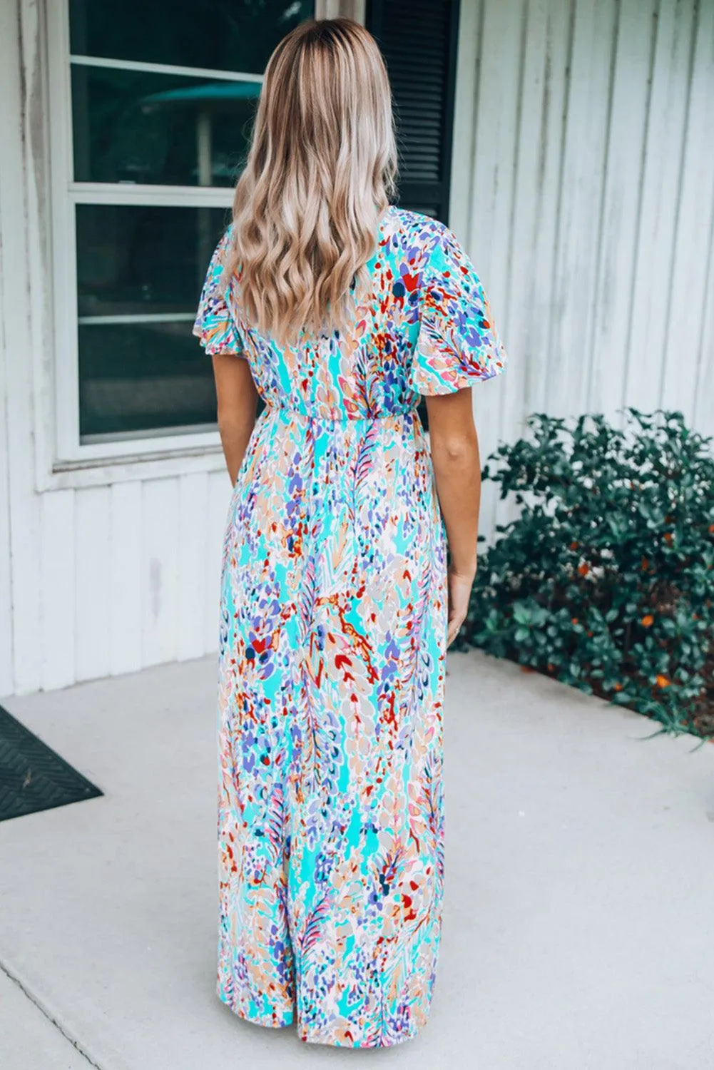 Rose Boho Abstract Print V Neck Short Sleeve Maxi Wrap Dress