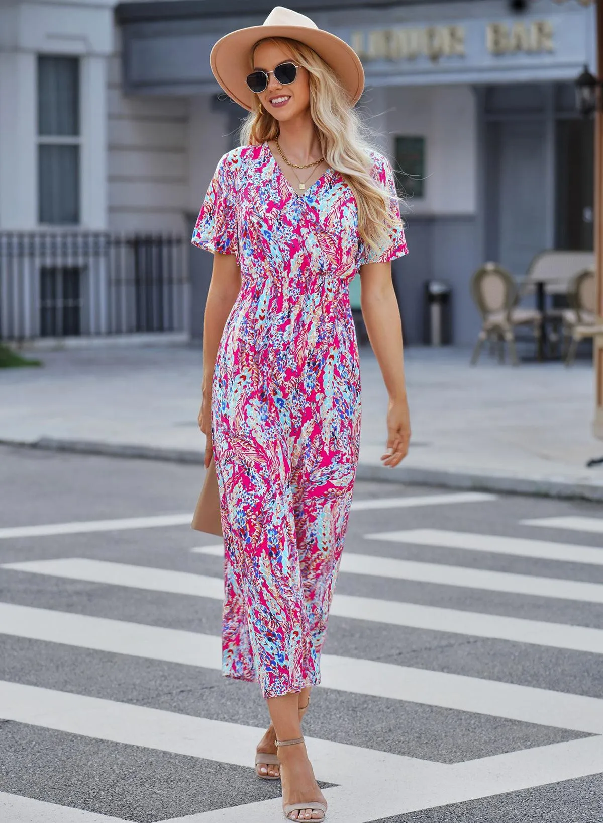 Rose Boho Abstract Print V Neck Short Sleeve Maxi Wrap Dress