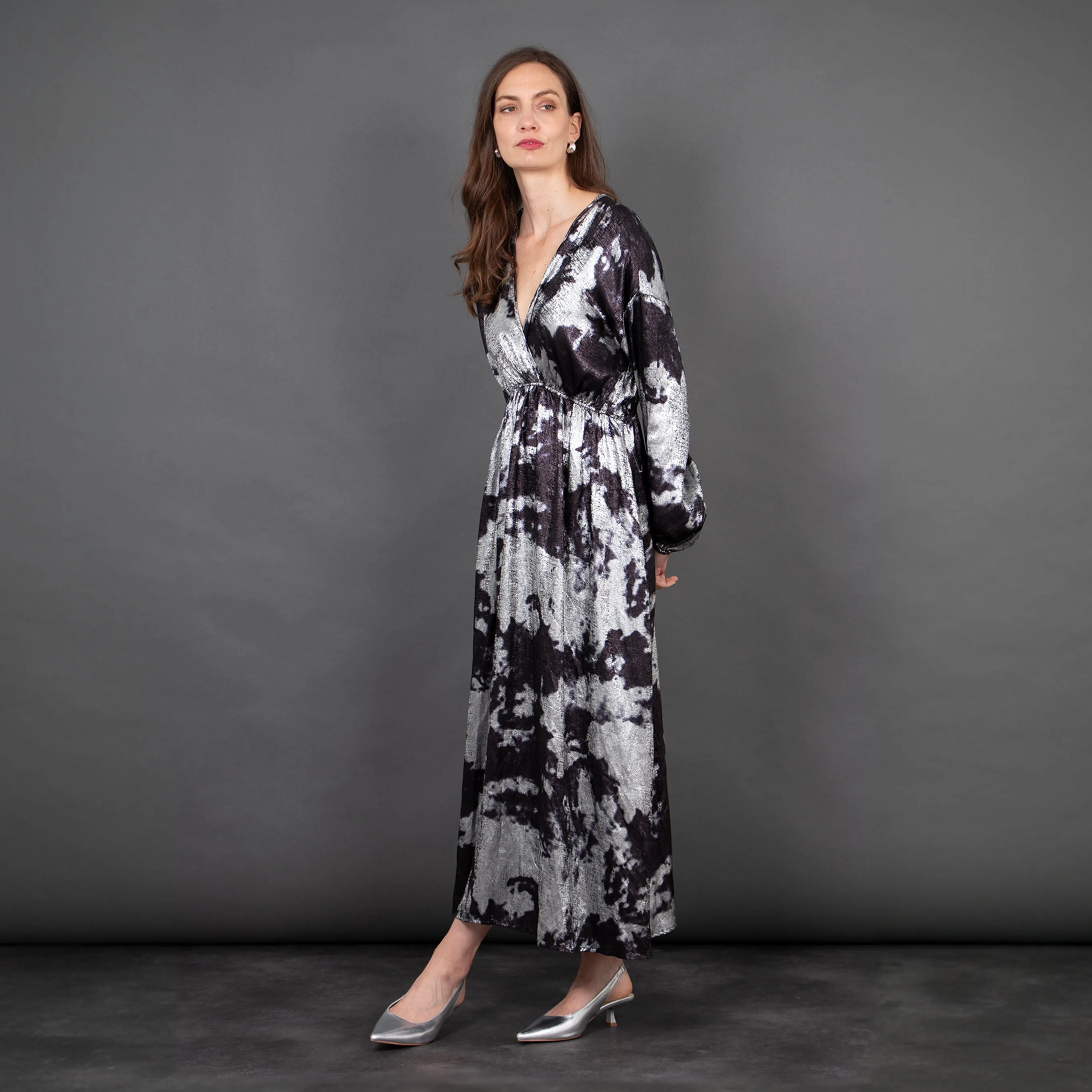Ruby Wrap Top Maxi Dress - Silver, Metallic Oil Slick