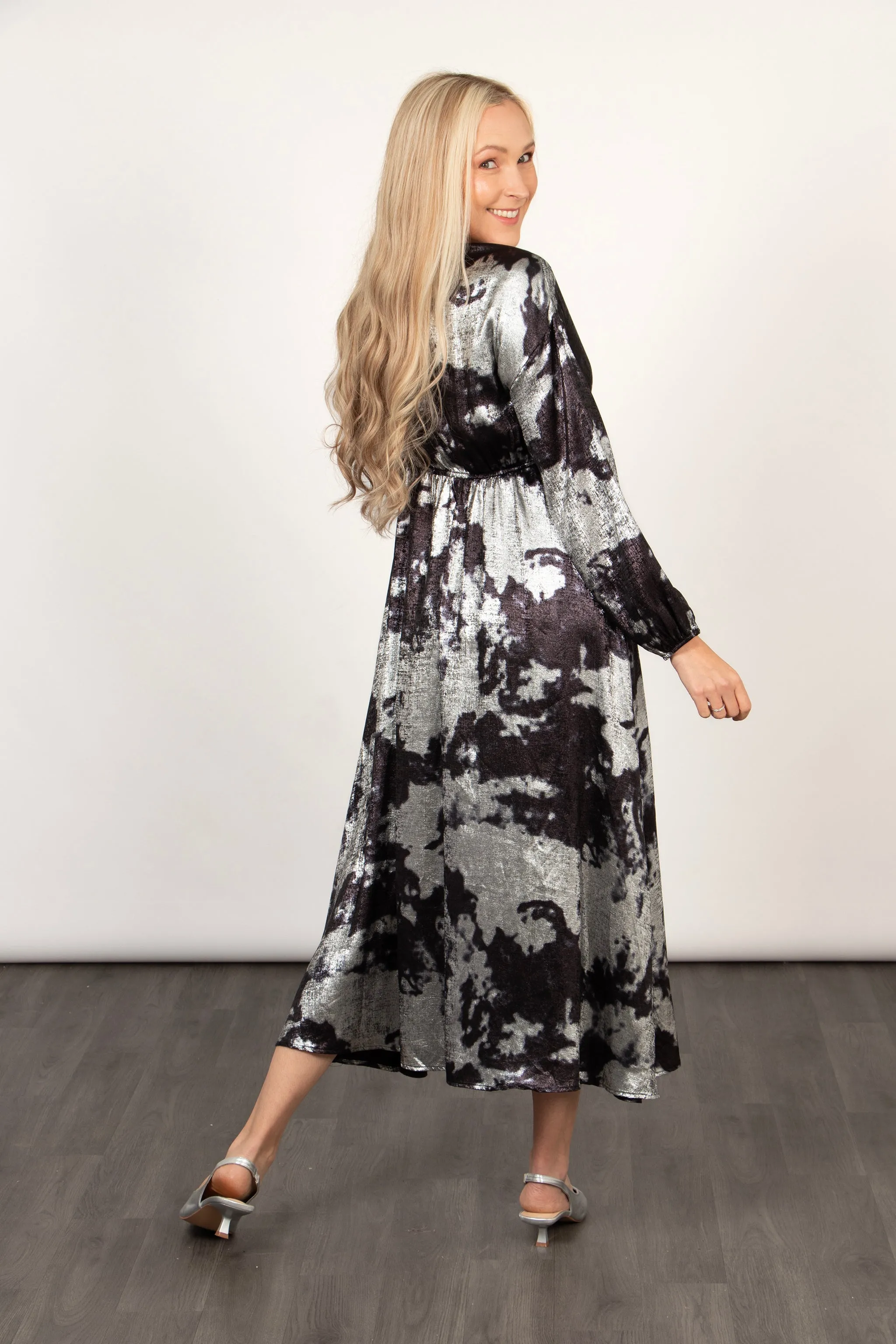 Ruby Wrap Top Maxi Dress - Silver, Metallic Oil Slick