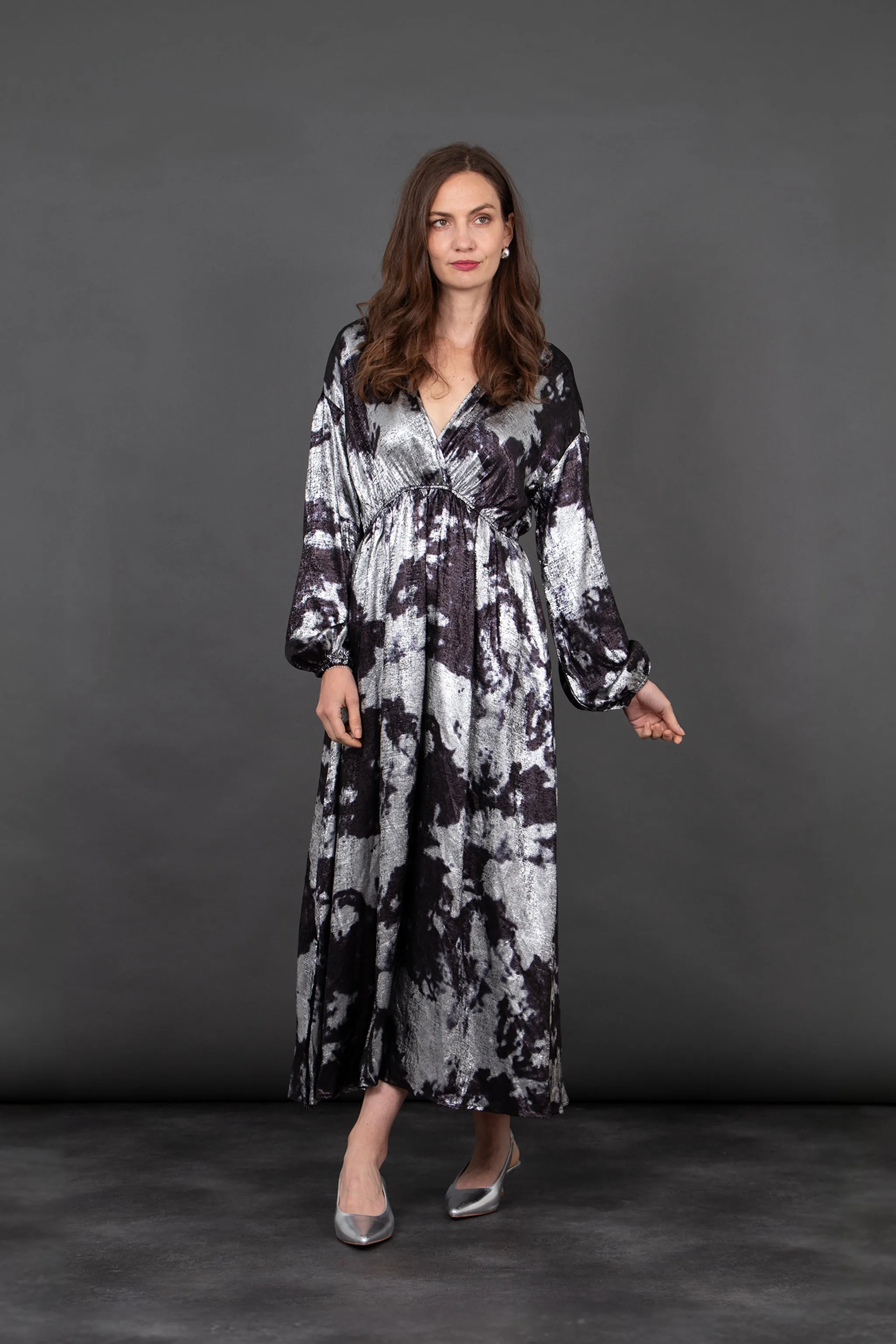 Ruby Wrap Top Maxi Dress - Silver, Metallic Oil Slick