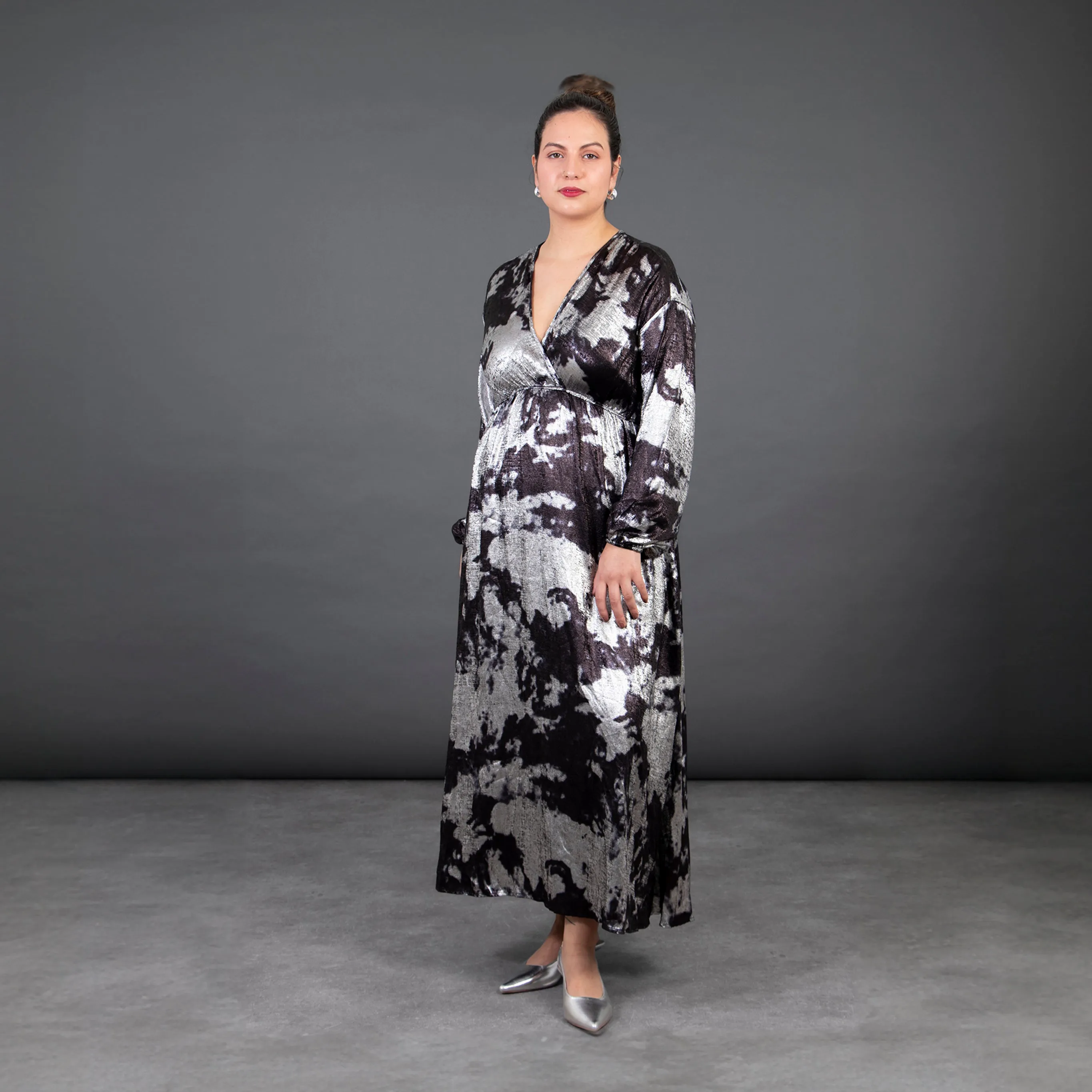Ruby Wrap Top Maxi Dress - Silver, Metallic Oil Slick