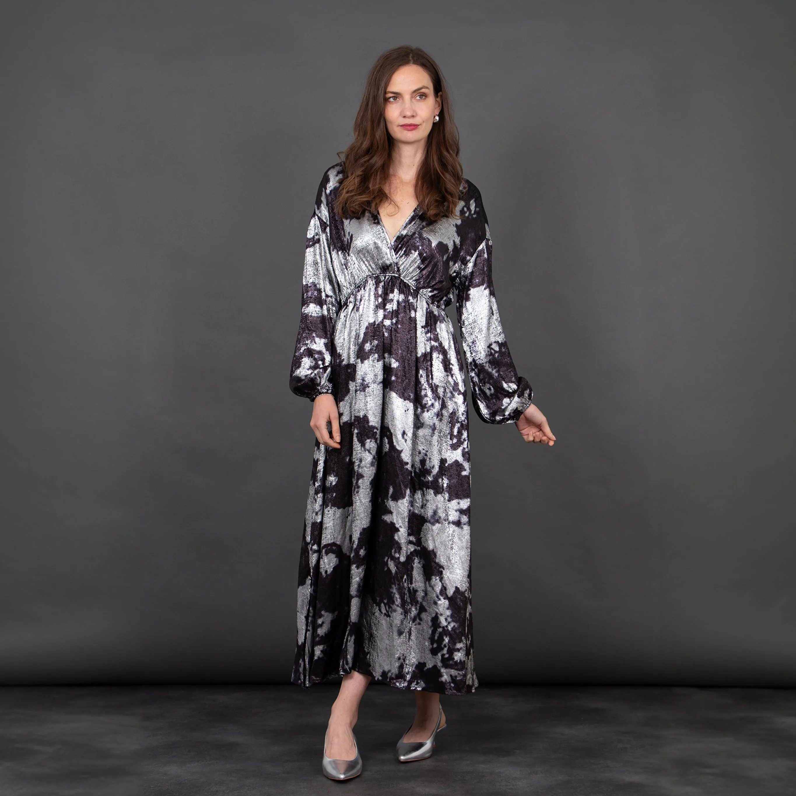 Ruby Wrap Top Maxi Dress - Silver, Metallic Oil Slick