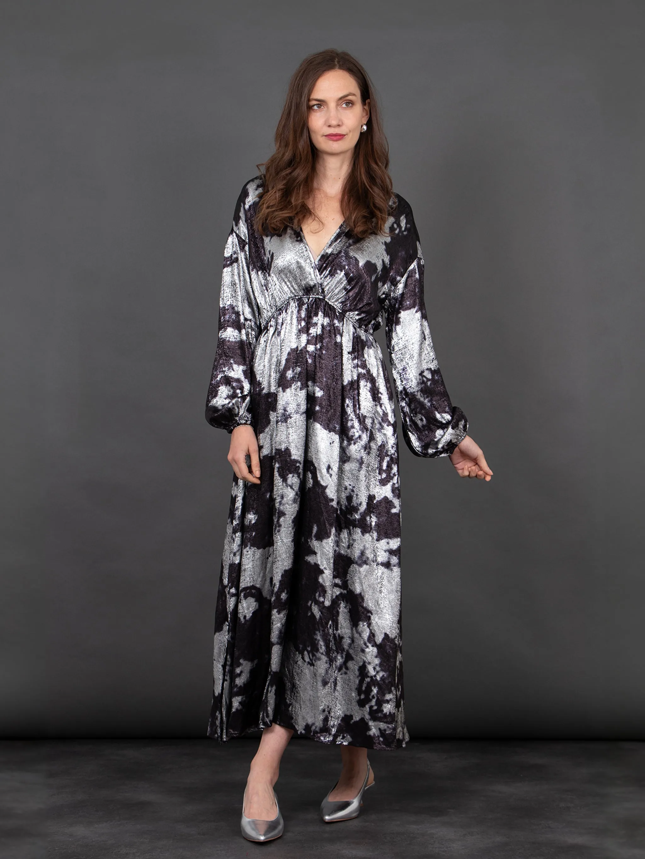 Ruby Wrap Top Maxi Dress - Silver, Metallic Oil Slick