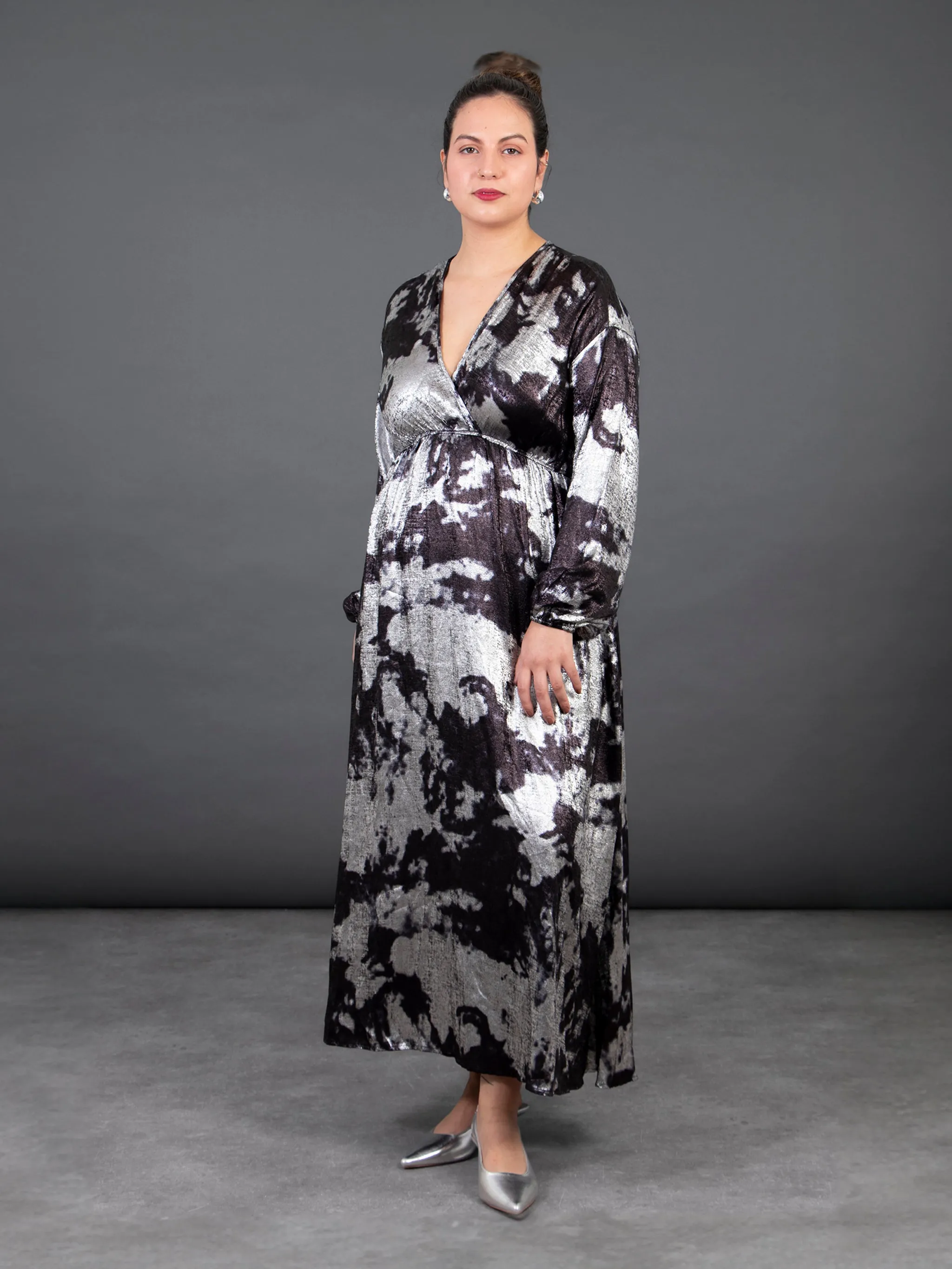 Ruby Wrap Top Maxi Dress - Silver, Metallic Oil Slick