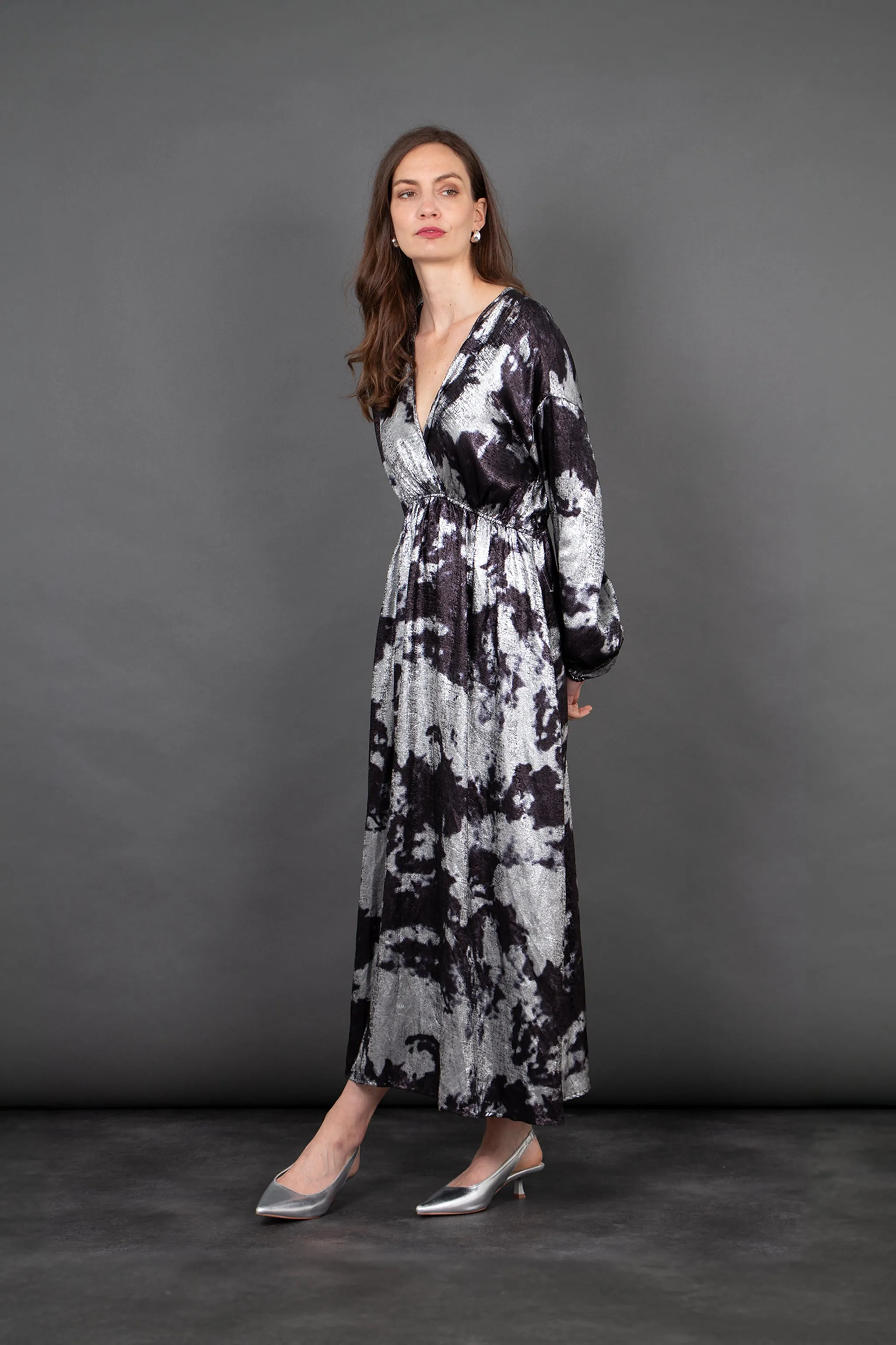 Ruby Wrap Top Maxi Dress - Silver, Metallic Oil Slick