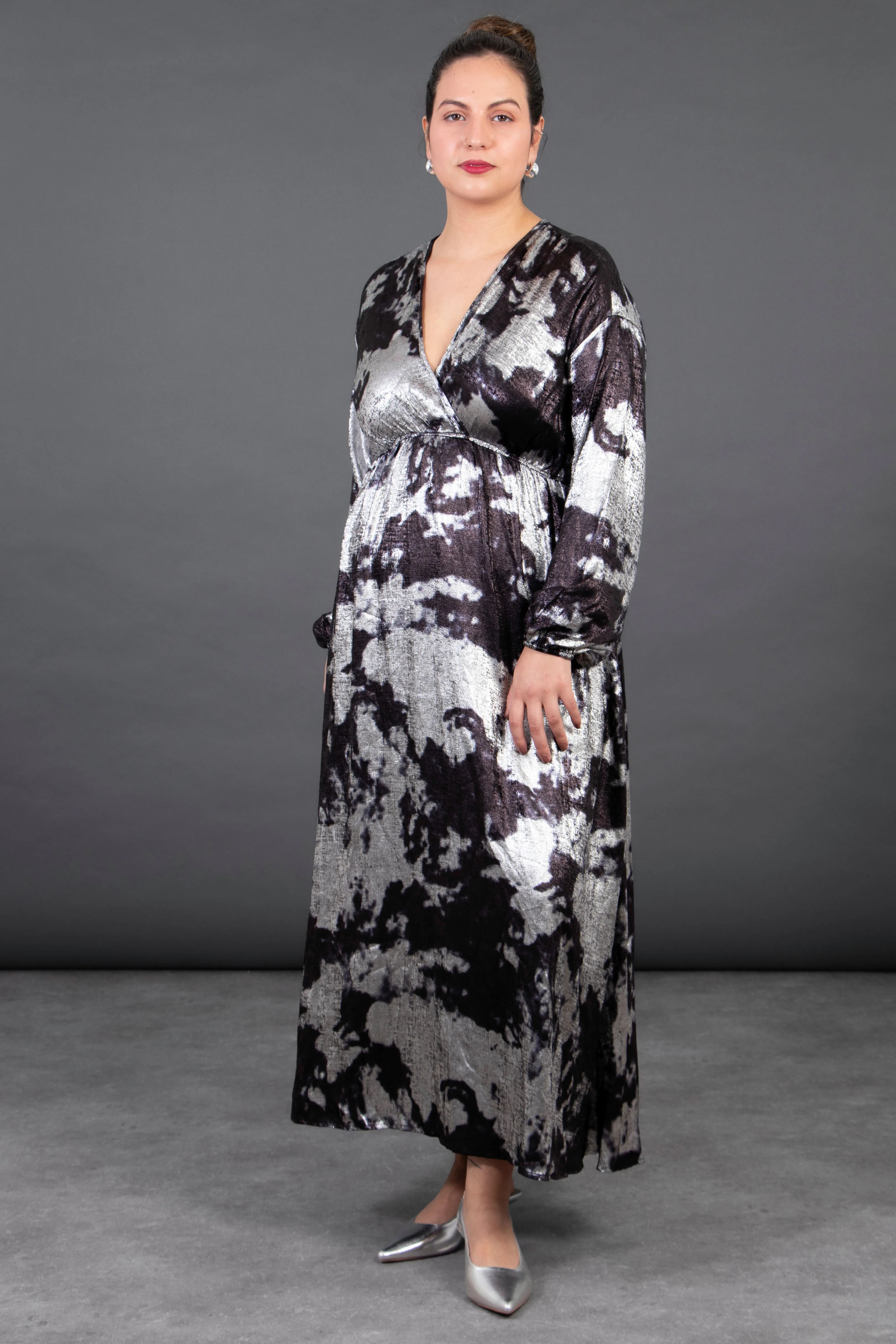 Ruby Wrap Top Maxi Dress - Silver, Metallic Oil Slick