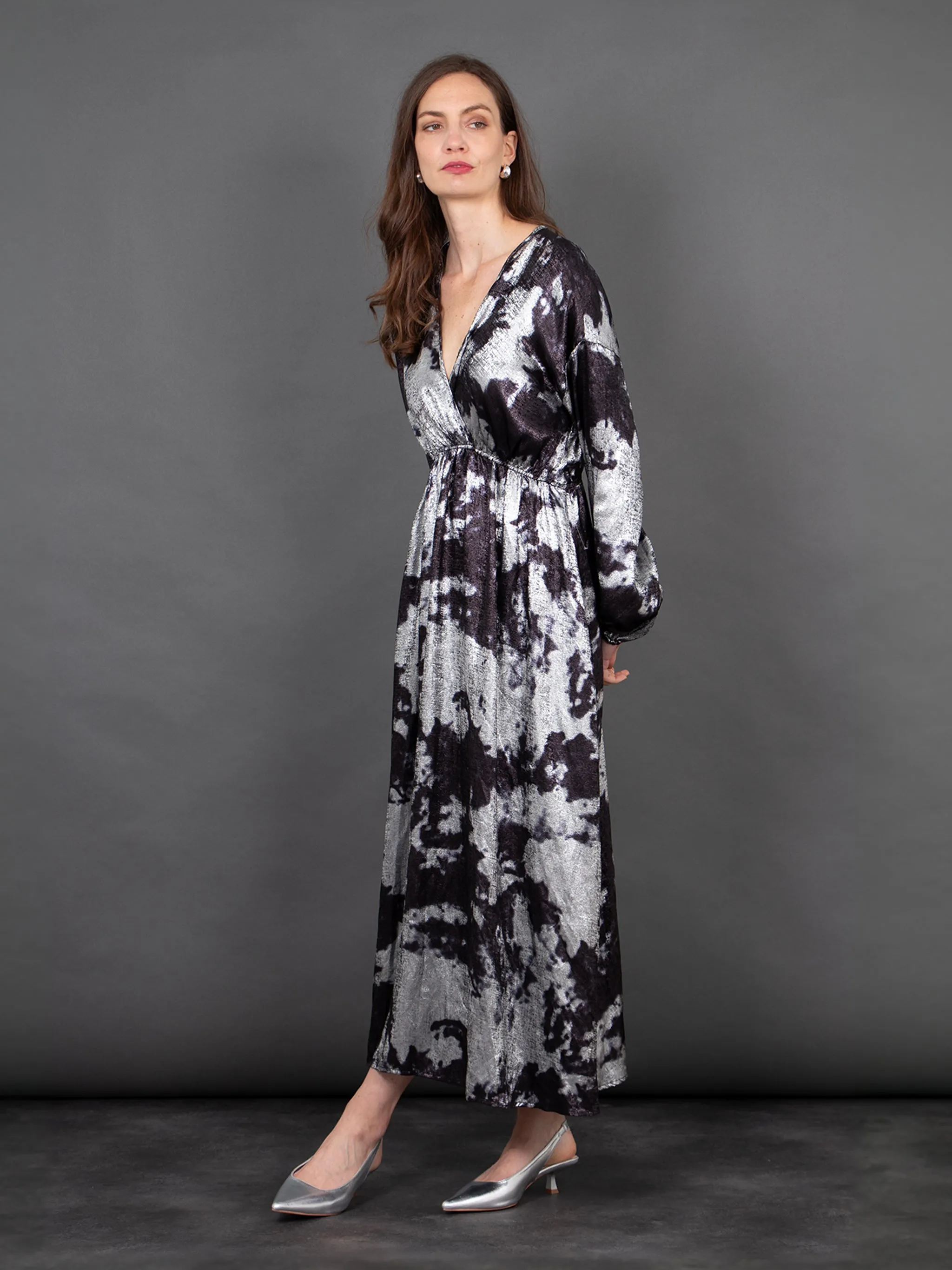 Ruby Wrap Top Maxi Dress - Silver, Metallic Oil Slick