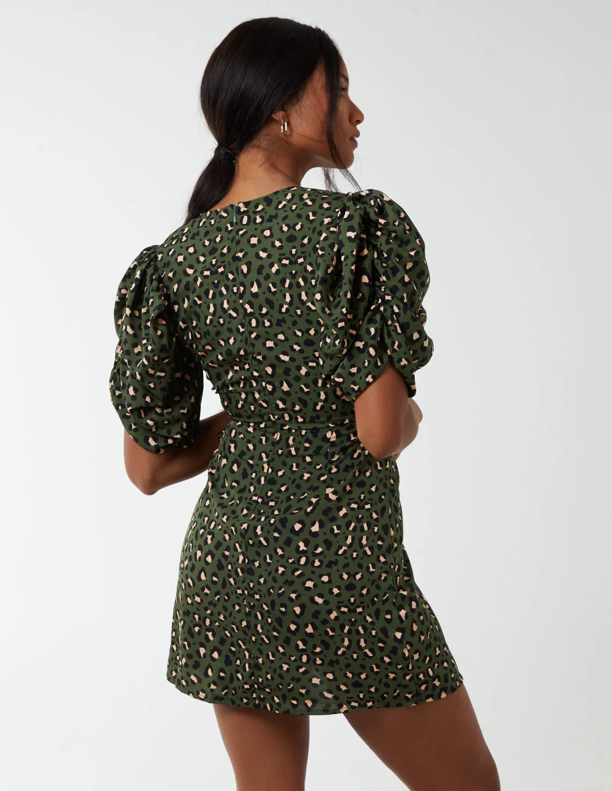 Ruched Sleeve Wrap Mini Dress