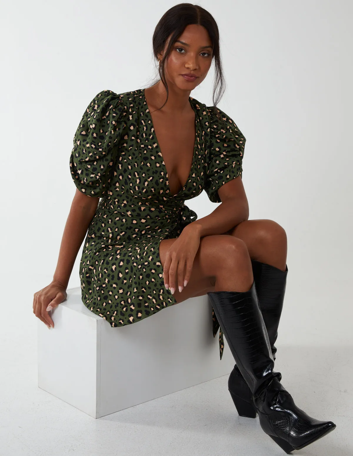 Ruched Sleeve Wrap Mini Dress