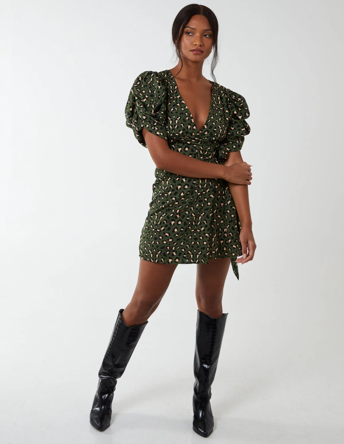 Ruched Sleeve Wrap Mini Dress