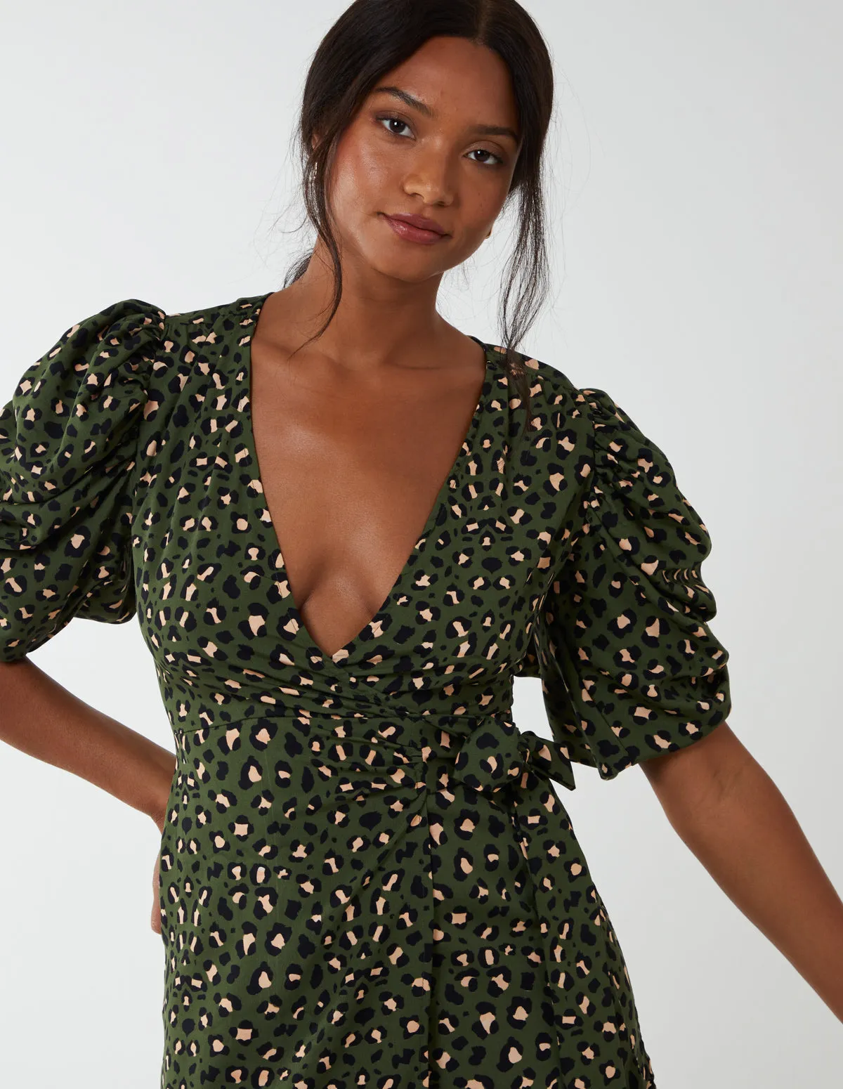 Ruched Sleeve Wrap Mini Dress