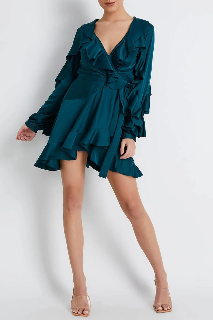Ruffle Sleeve Mini Wrap Dress