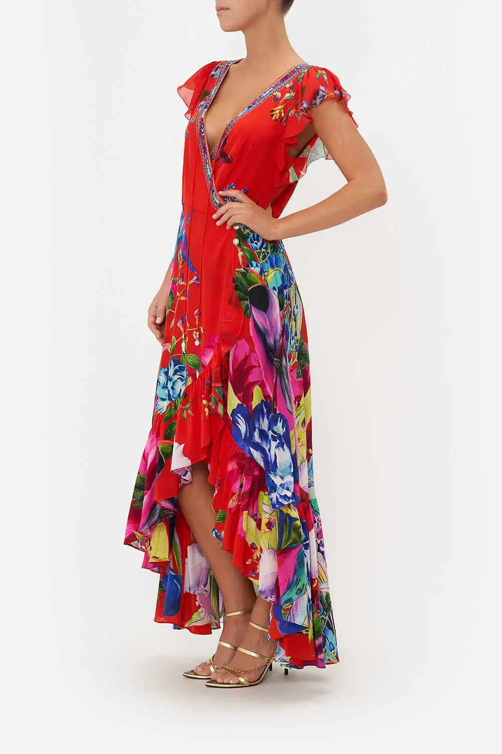 RUFFLE WRAP DRESS BIRDS OF A FEATHER