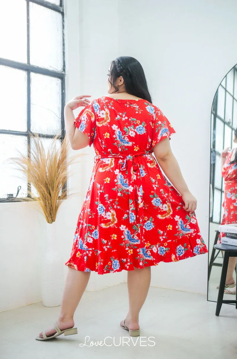Ruffle Wrap Dress with Sash Belt - Red Empress
