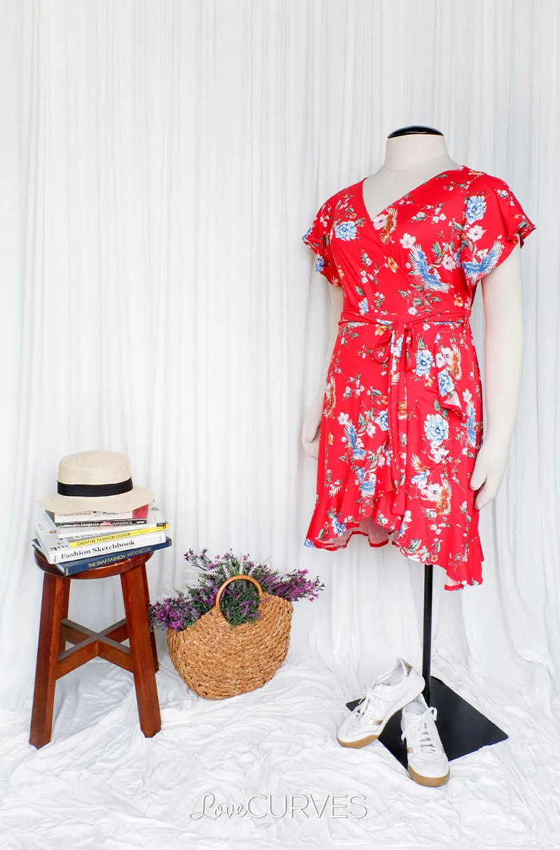 Ruffle Wrap Dress with Sash Belt - Red Empress